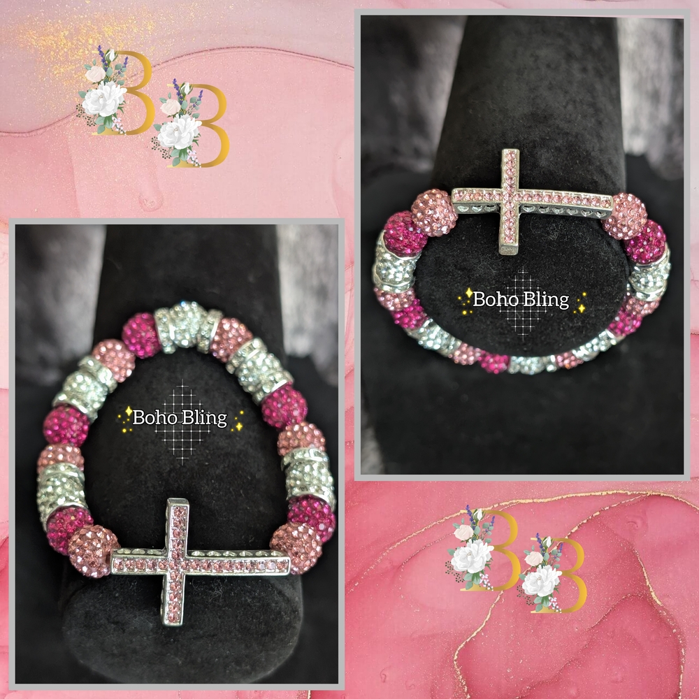Boho Bling Pink and Silver Beaded Cross Bracelet